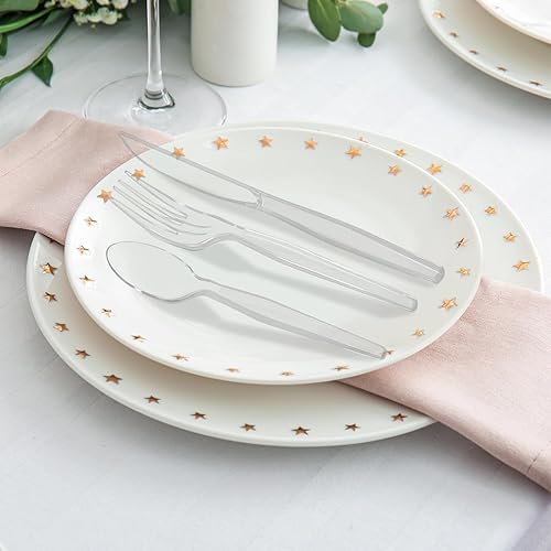 Miniatura 6 de Juego de cubiertos de plástico transparente desechables pesados para fiestas, incluye 120 tenedores, 120 cucharas, 120 cuchillos, juego combinado de