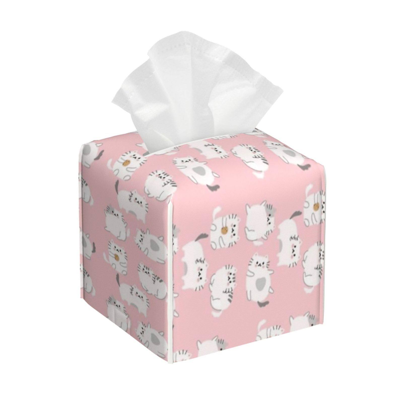 Pink Cats Tissue Box Cover 5" Square Leather Tissue Holder Facial Tissue Case for Tabletop Bedroom Bathroom Desk Decor