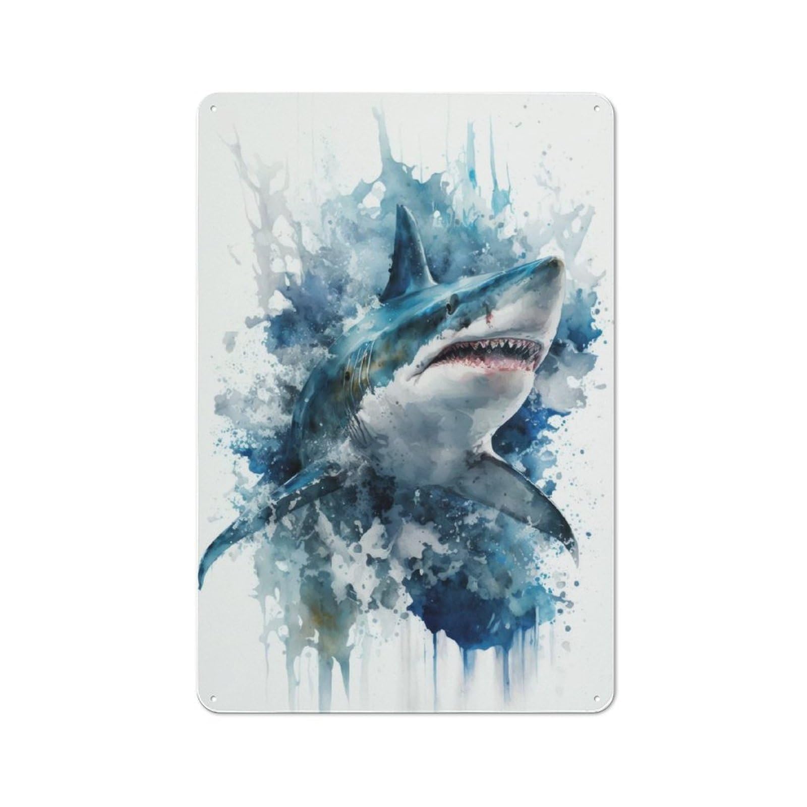 Junmoney Shark Frenzy In Watercolor Retro Metal Sign 30X20cm Featuring For Workshop Wall, For Kitchen, Dining Room And Home Bar Wall Decor