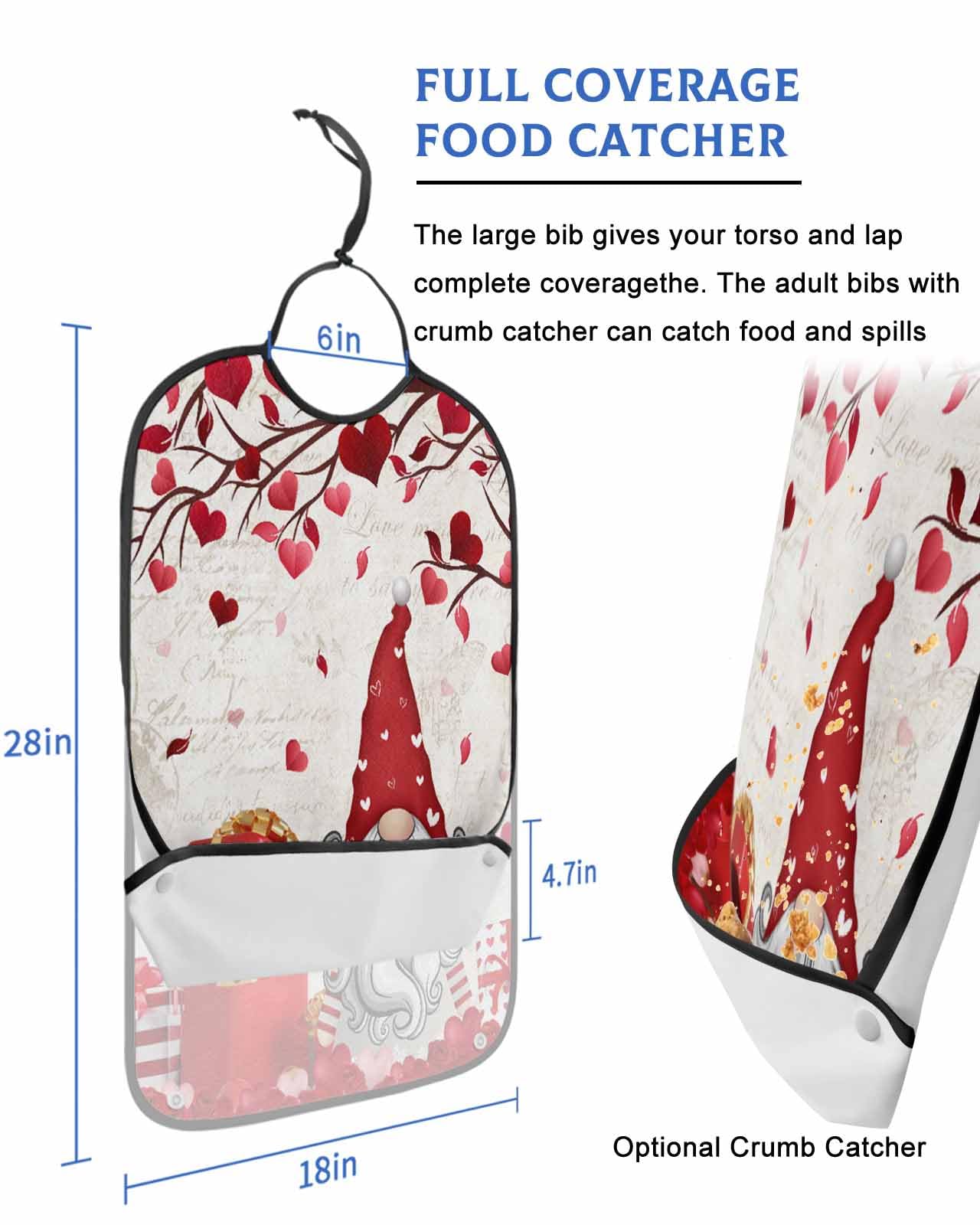 LEOKOTI Valentines Gnomes Adult Bibs for Eating, Waterproof Bibs with Food Catcher & Adjustable Snap Closure, Red Love Heart Tree Vintage Washable Clothing Protectors Adult Bibs for Elderly Women/Men