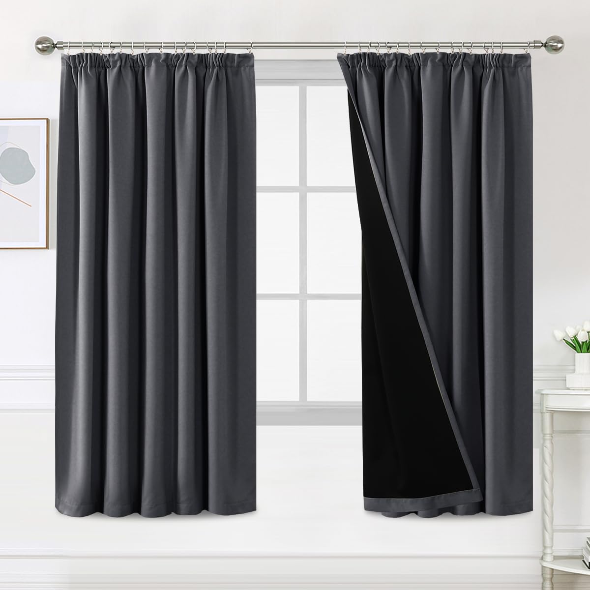 H.Versailtex 100% Pencil Pleat Blackout Curtains, Thermal Insulated Black Out Curtains with Lining, W46x L72 Inch, 2 Panels, Charcoal Grey