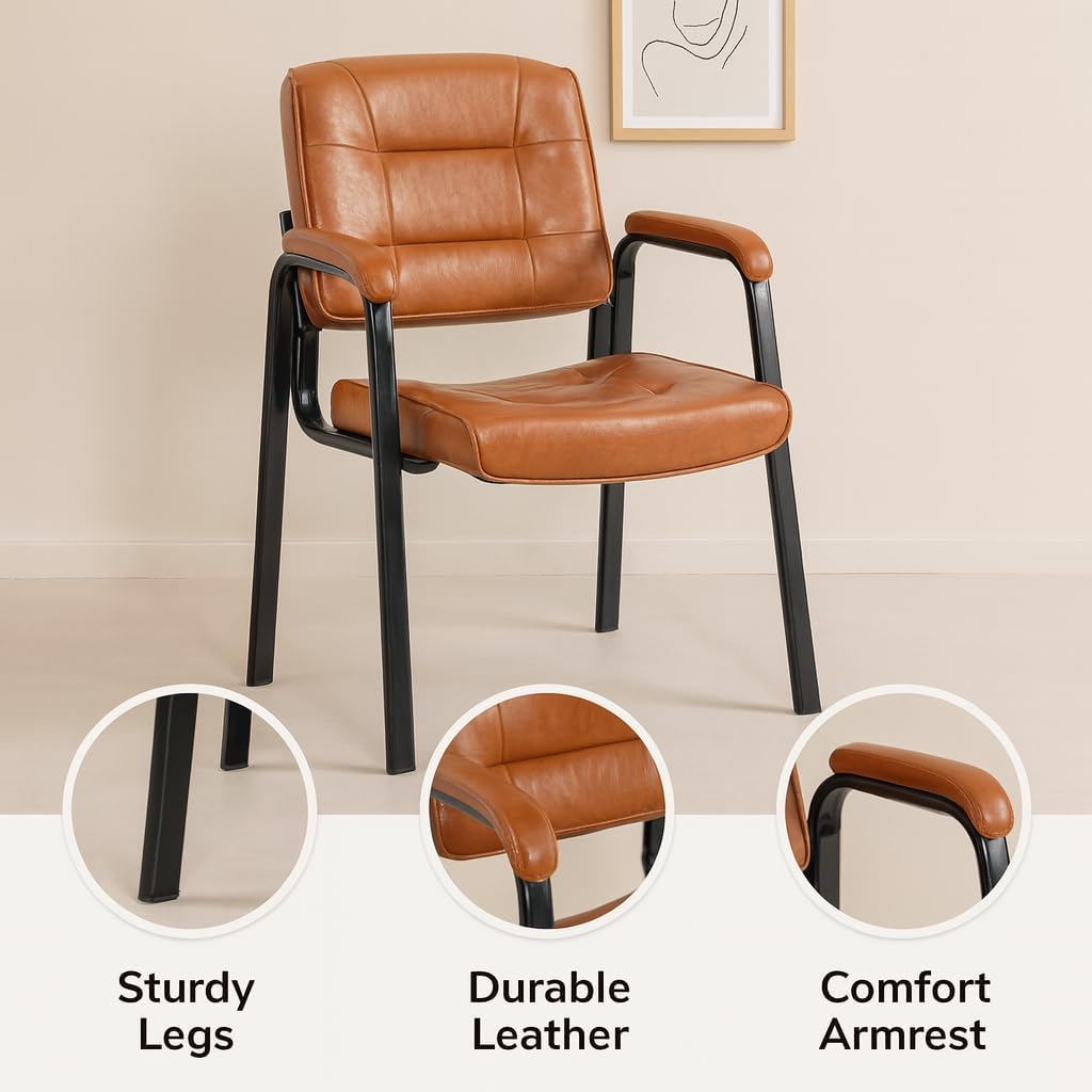 Naomi Home Faux Leather Stackable Office Guest Chairs – Reception Chairs with Armrests for Lobby, Clinic, Medical Waiting Room or Conference Room Seating - Caramel, Set of 2