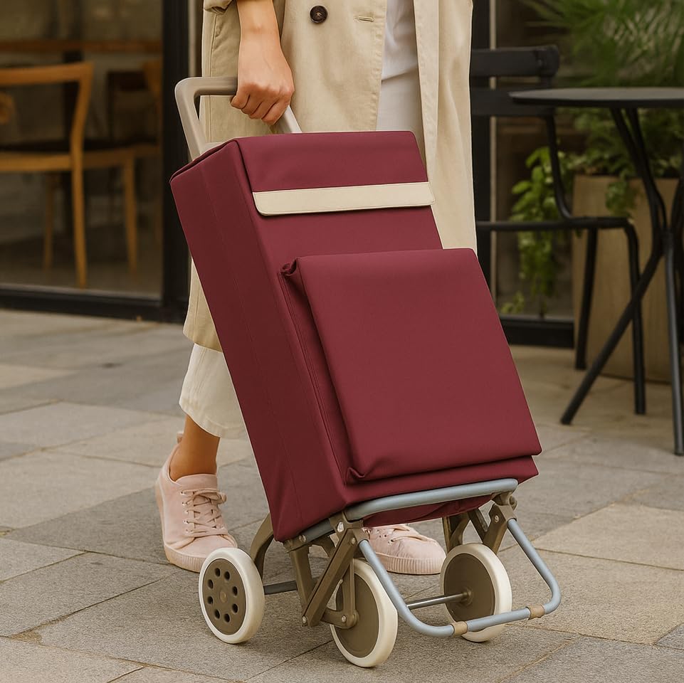 WEIDA Carro de la Compra 4 Ruedas | Bolsillo Exterior Térmico, Mango Ergonómico y Bolsa Impermeable Ideal para Congelados | Chasis con Apoyo Delantero y Base Abatible (1, Rojo Granate)