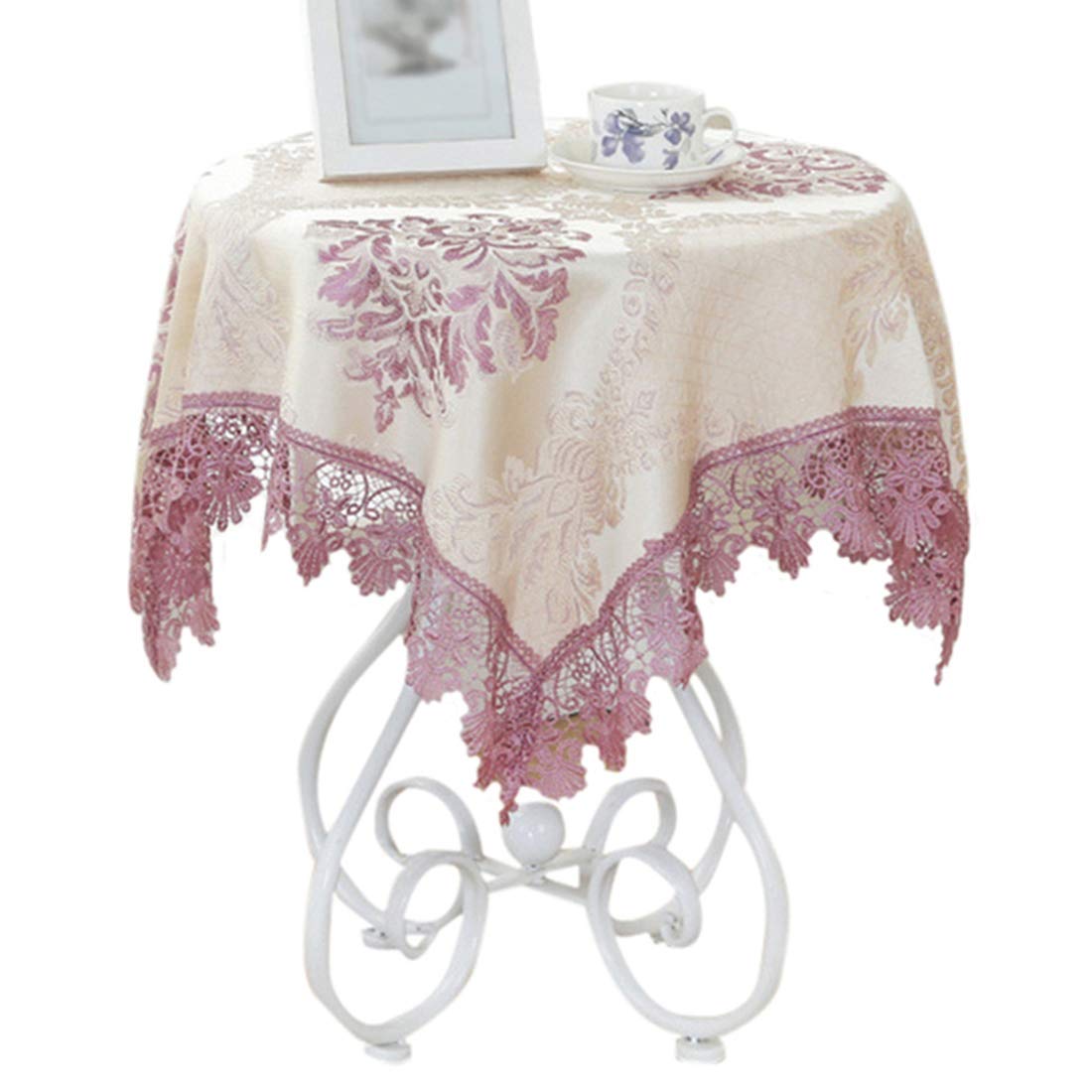 Freahap Square Tablecloth Embroidered Table Cover Lace Trimmed Cotton Table Pad for Baby Shower Wedding Home Decor Pink 51x51in/130x130cm