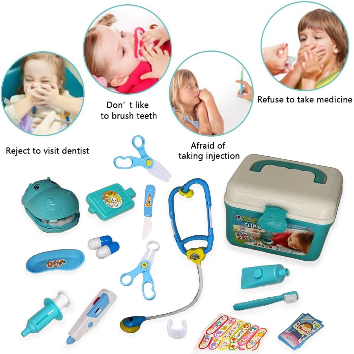 Koolbitz 38Pcs Dentist Toys for Kids Pretend Doctor Set including Dentist Kit and Dental Play Case, Hippo Teeth Model - Image 3