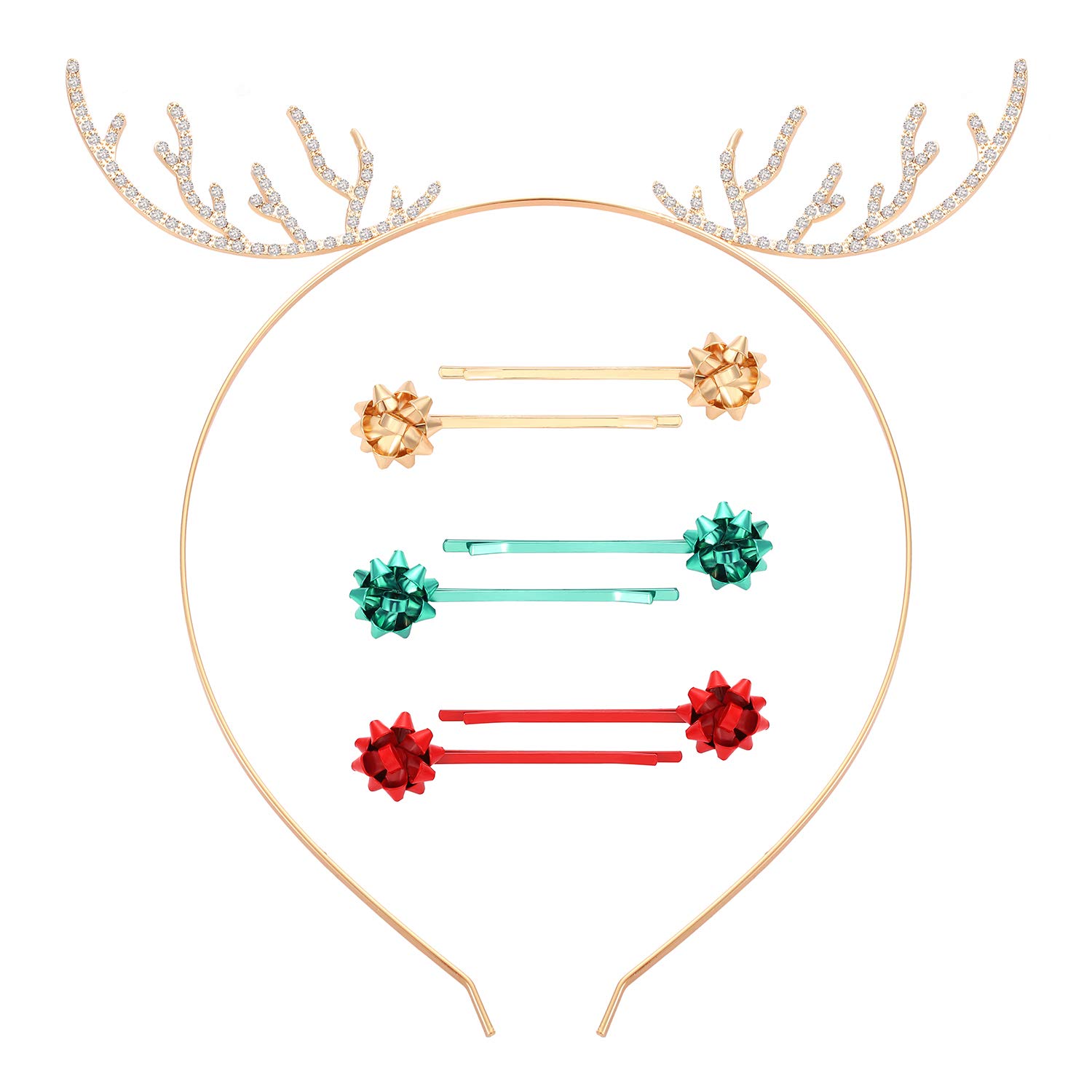 Christmas Headband Hairpin Set For Women Cute Crystal Rhinestone Reindeer Antler Hairband Bow Hair Clip Set Hair Accessories (gold)