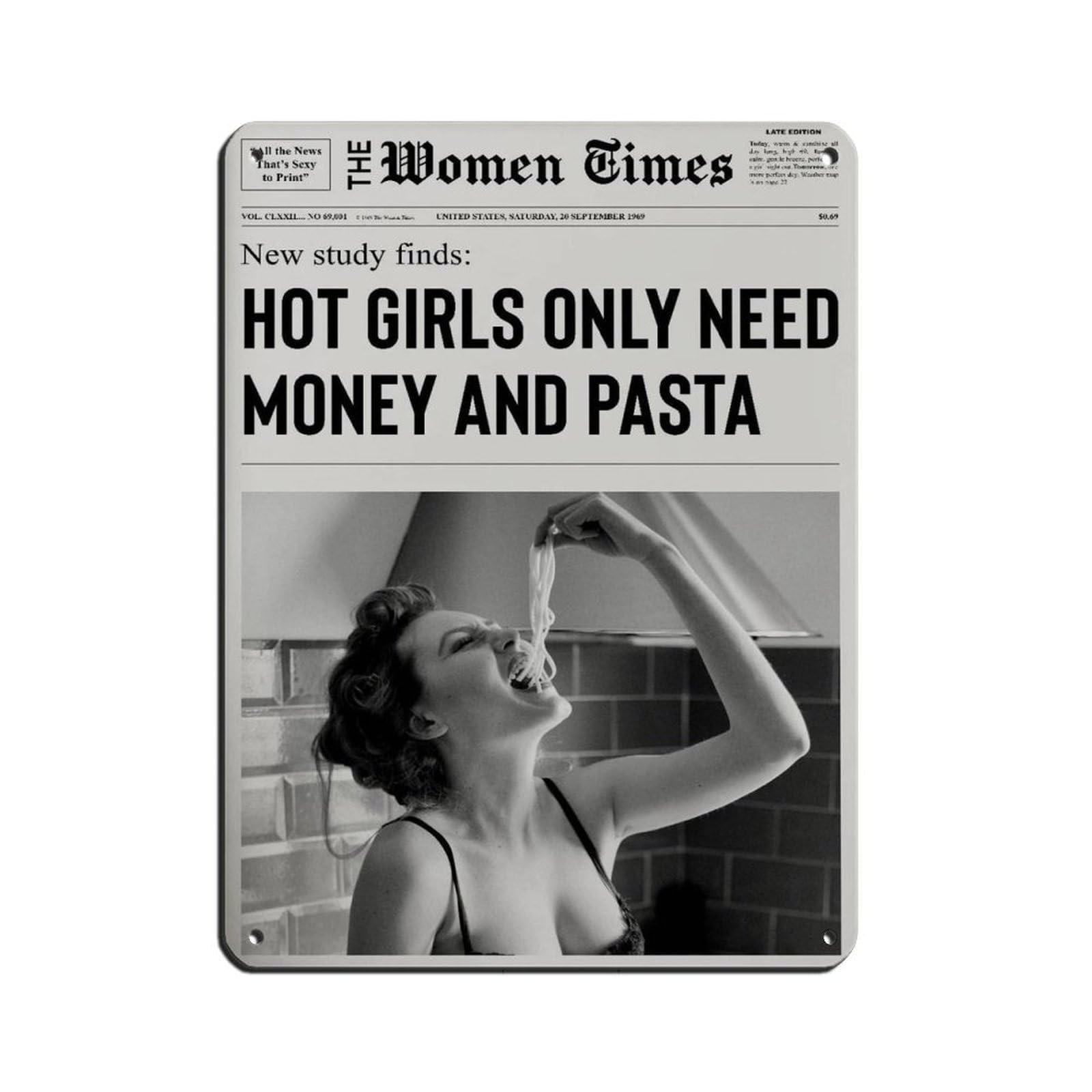 Pasta Art Print, Newspaper, Girl Dorm Room Art Tin Sign Vintage Metal Pub Club Cafe Bar Home Wall Art Decoration Poster Retro 12x16inch(30x40cm)