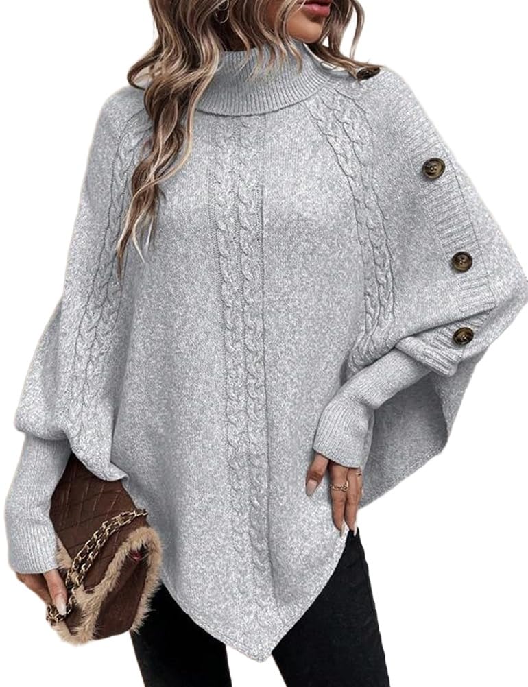 Kinghua Poncho Sweater Women Fall Winter Turtleneck Batwing Sleeve Knit Sweater Asymmetric Loose Casual Pullover Sweater