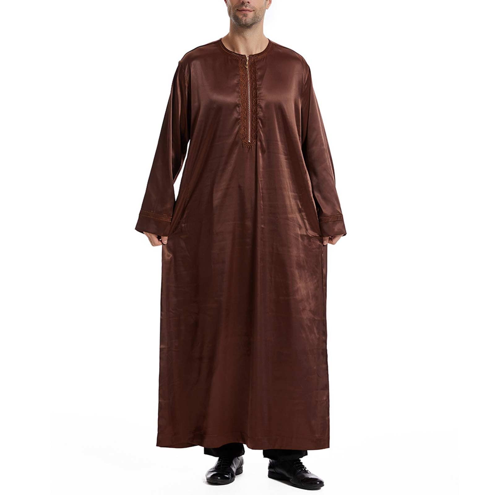 Męski muzułmański kaftan thobe długi szlafrok, arabska islamska odzież z haftowanym dekoltem, luźny strój Eid Ramadan Dubai, tradycyjna koszula Abaya do modlitwy na co dzień
