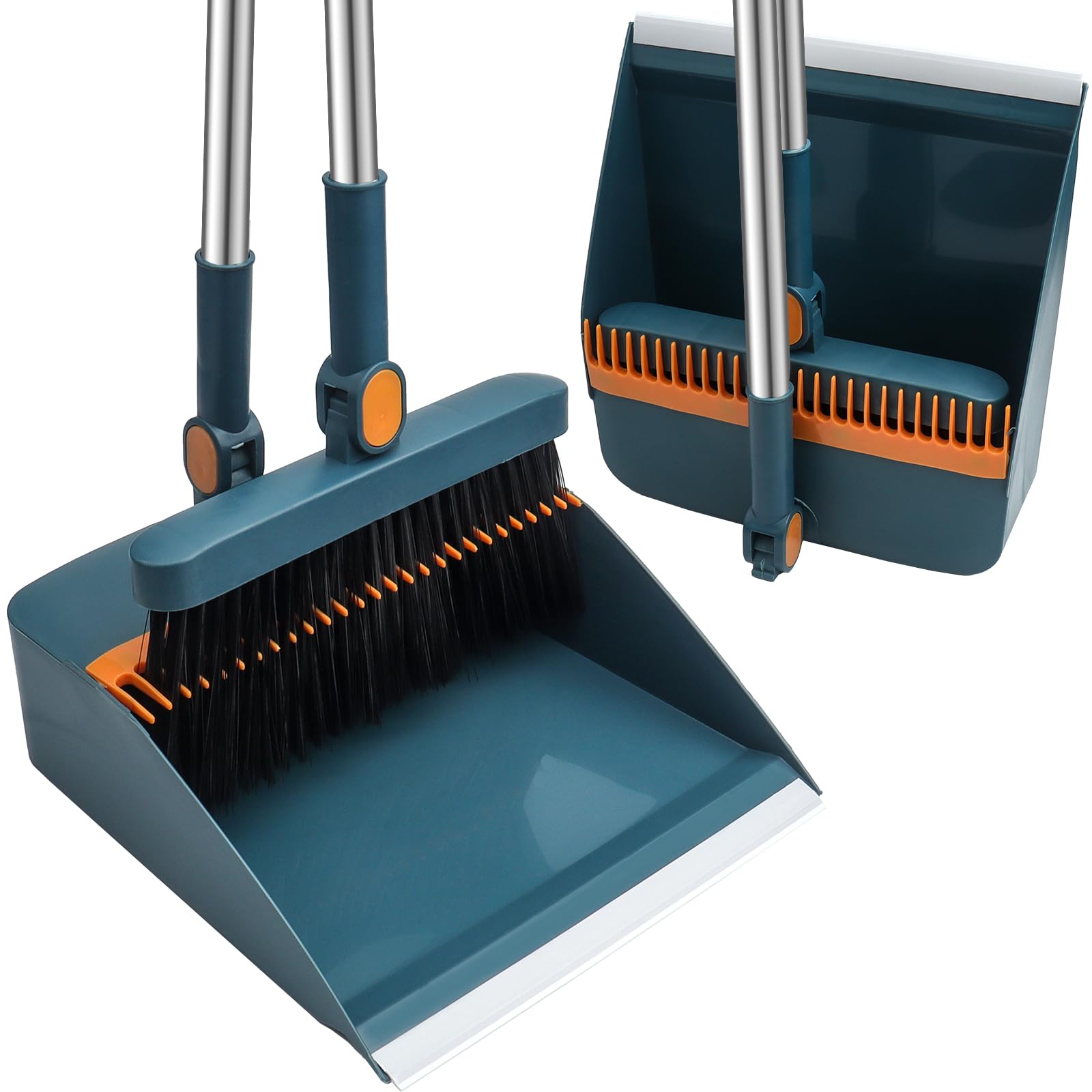 HPCORA Long Dustpan and Brush Set, Windproof Vertical Extension Pole Handle Rotatable Broom Set Dustpan Set (Blue)