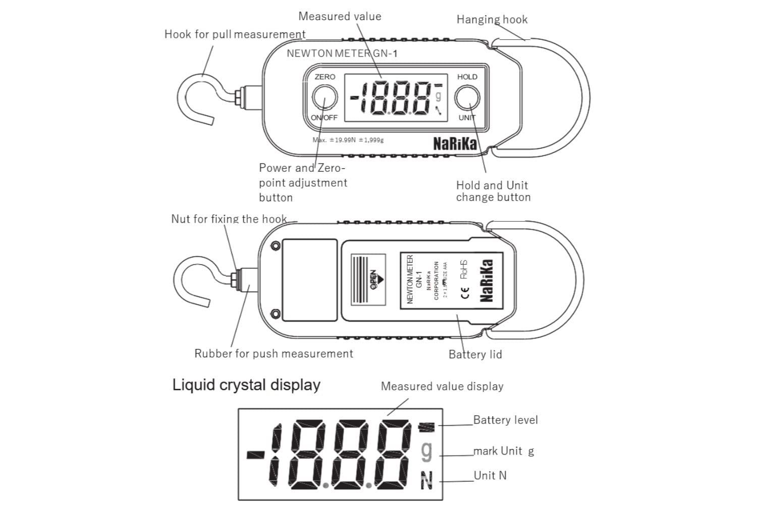 Arbor Scientific Digital Force Gauge, up to 20 N and 2000 g, LCD Back-Lit Display, Push-Pull Scale with Zero-Point Adjustment