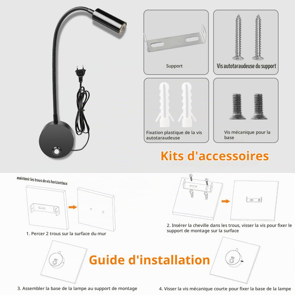 HOTUT Lampe de lecture murale, LED Col de Cygne Lumière avec interrupteur tactile et port de chargement USB,Liseuse murale, lampe de lecture à intensité variable, Applique Liseuse Orientable à 360 °