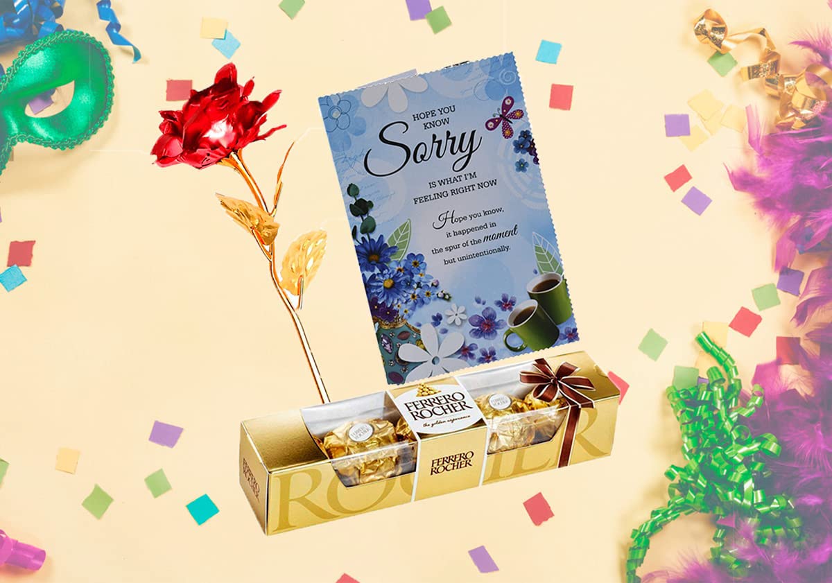 Saugat Traders Apology/Sorry Gift-Sorry Card & Red Rose Flower Golden Leaf With Chocolate Hamper-Gift For Girlfriend -Wife- Fiancee-Girls-Apology Gift,350 Grams (B0BB6QBX2T) Amazon Price History, Amazon Price Tracker