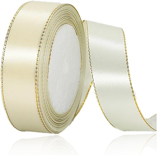 Cintas de satén beige de 1 pulgada x 25 yardas, cinta de tela con bordes dorados para envolver regalos, manualidades, ramos florales, lazos para el