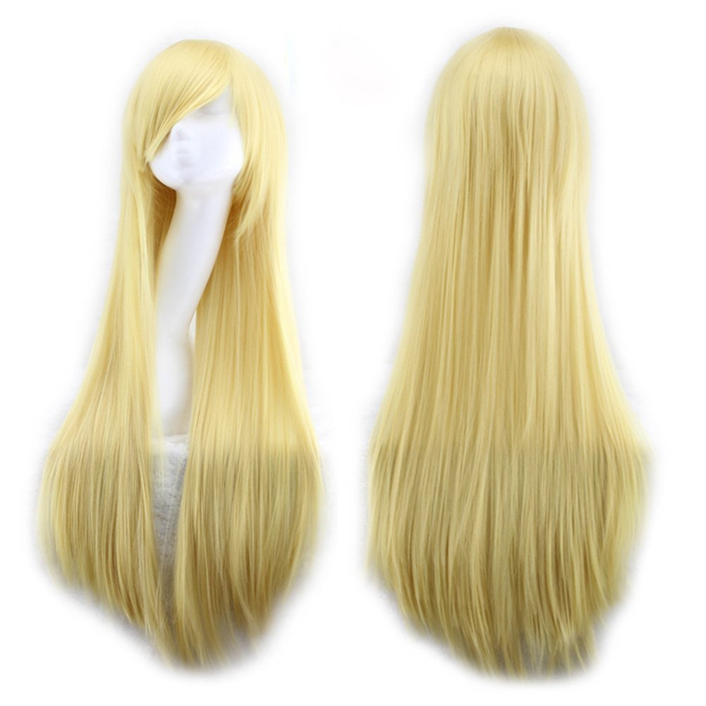 TopWigyGirl's 32" 80cm Cosplay Hair Wigs with Bangs Long Straight Hair Heat Resistant Costume Party Full Wigs(Yellow)