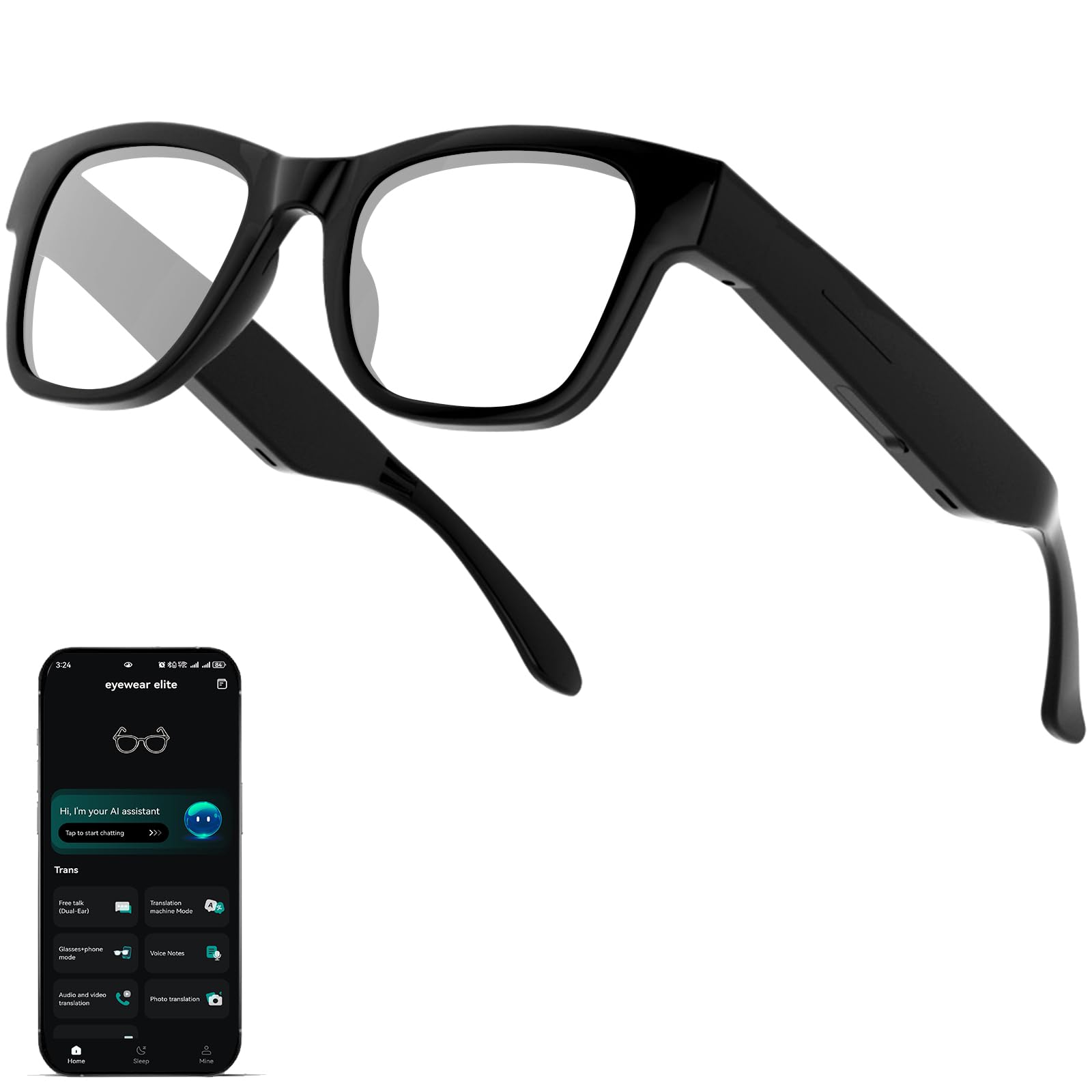 AI Translation Smart Glasses with Chat GPT for Men and Women - Real-time Translator 164 Languages Music Playback