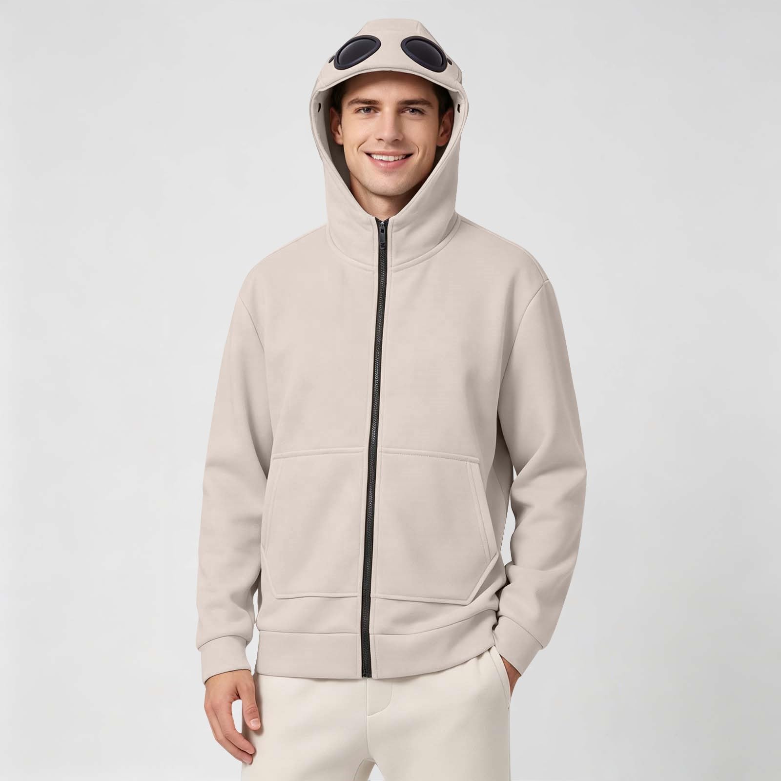 Chaqueta con capucha para hombre con gafas de piloto integradas en la capucha, sudadera transpirable con cremallera, sudadera de manga larga con bolsillo canguro, chaqueta de entretiempo resistente al