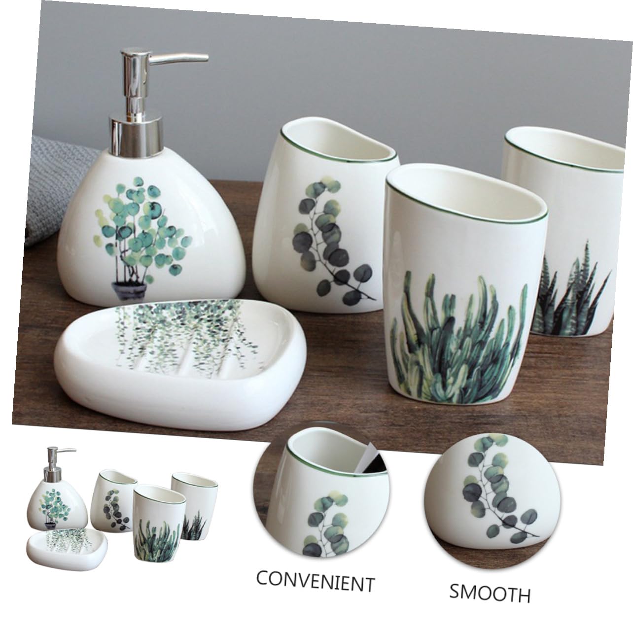 LIFKOME 5 pezzi Accessori Bagno in Ceramica Verde con Porta Spazzolini Flacone Lozione e Vassoio Sapone Superficie Liscia Facile da Pulire Resistente e Decorativo per Bagno Quotidiano