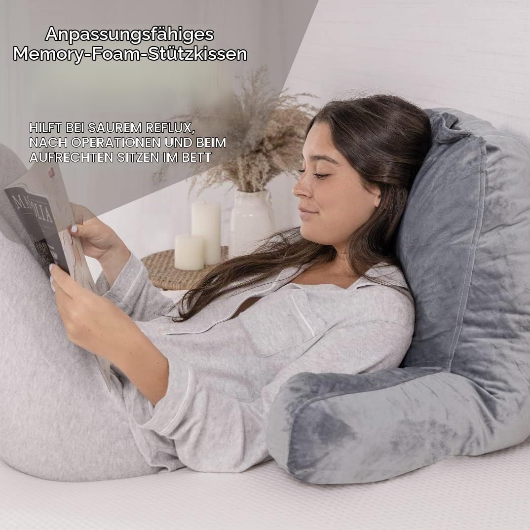 Milliard Rückenkissen, Lesekissen/Stützkissen mit Füllung aus Zerkleinertem Memory Foam- Ideal als Rückenstütze Beim Lesen oder für Videospiele (Standard) (Grau)