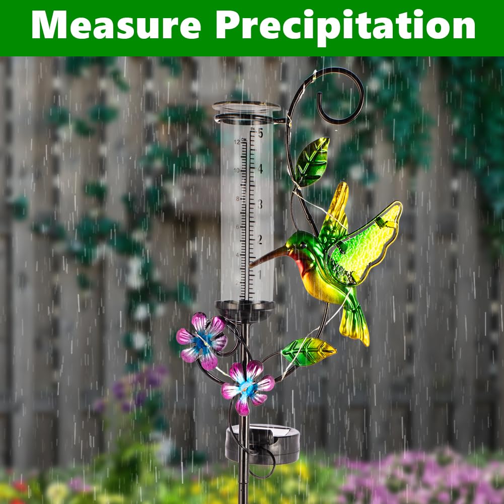 Pluviomètre avec tube en verre de 12,7 cm, jauge de pluie solaire avec lumières LED pour terrasse, jardin, cour, mesure des précipitations