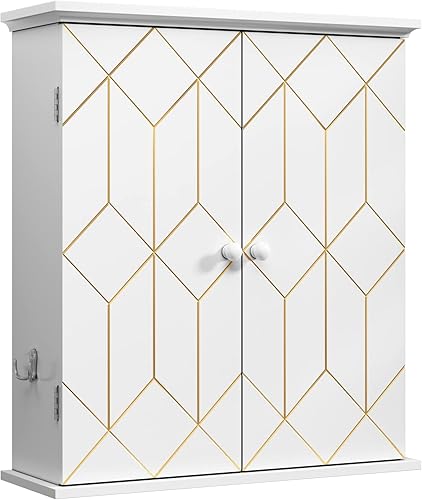 Armario de baño con borde dorado, armario de almacenamiento de baño montado en la pared con estantes ajustables y ganchos laterales, botiquín