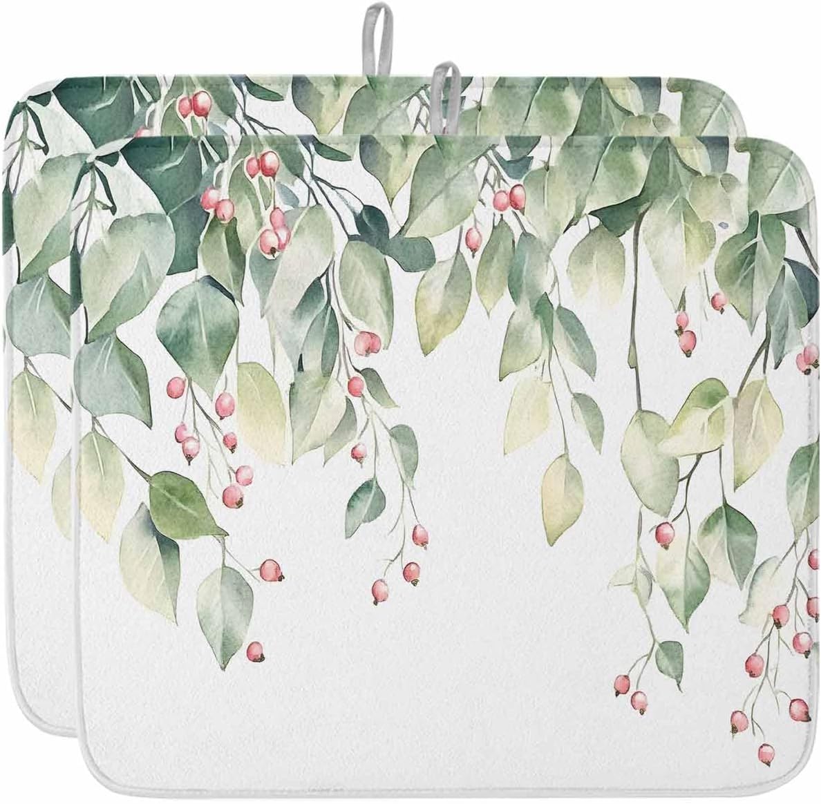 Dish Drying Mat for Kitchen, Watercolor Eucalyptus Leaves Red Fruit Green Branch Absorbent Dish Drying Pad, Kitchen Counter Mat for Dishes Utensils Camping, 16"x18"(2 Pcs)