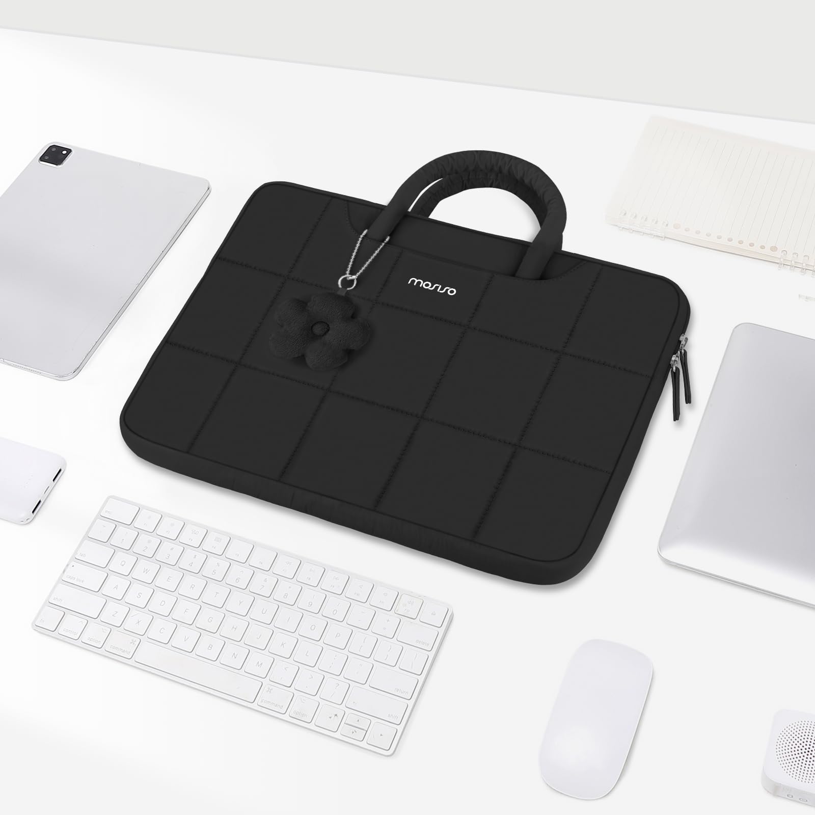 MOSISO Funda Portátil 13-14 Pulgadas, 13,3 Pulgadas Laptop Bolsa Compatible con MacBook Neo/Air 13 13,6/ Pro 13/14,HP, Rectángulo Acolchado Bolsa Ordenador con Asa y Colgante Flores,Negro