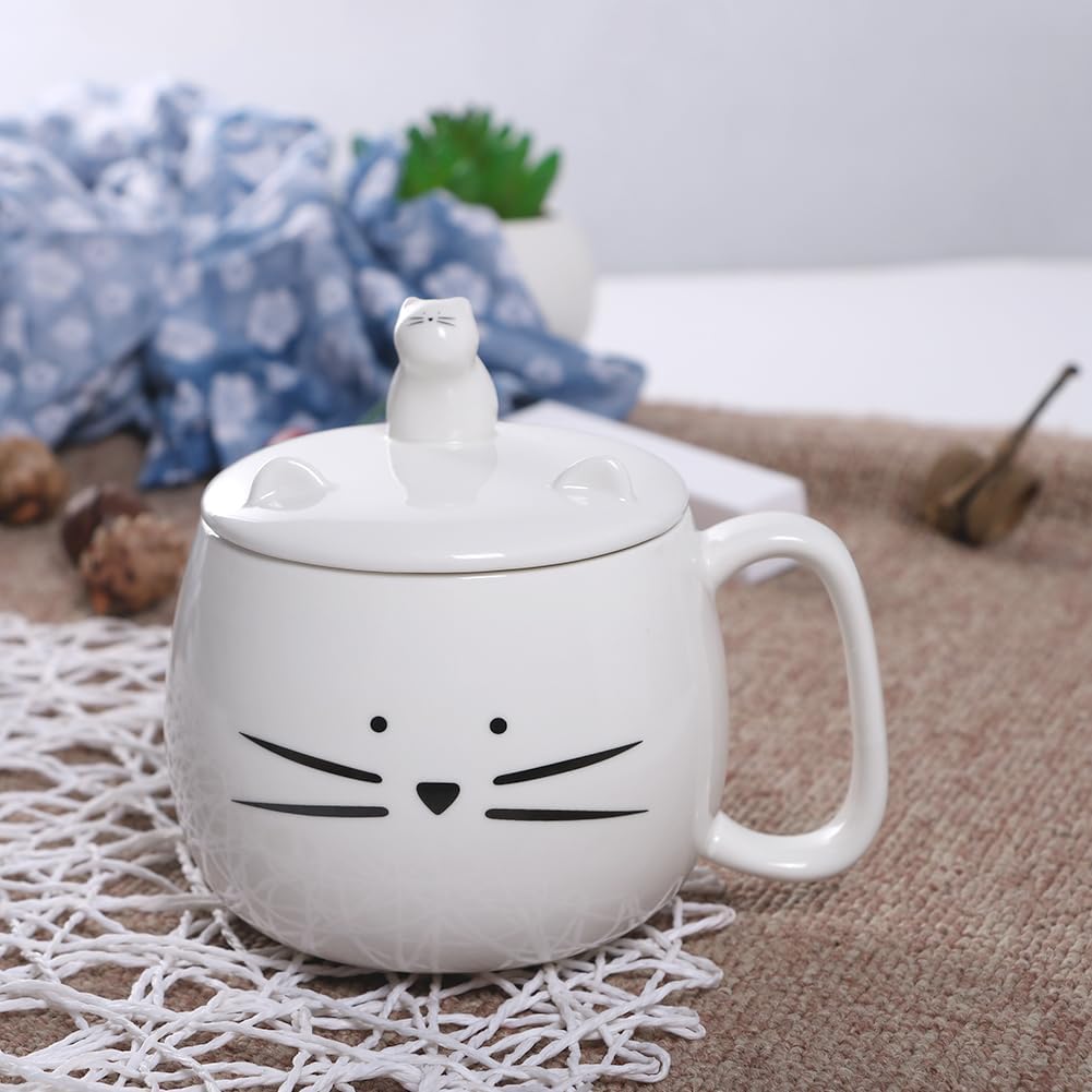 Koolkatkoo Ceramic Coffee Mug - White Cat Mug, Tea Cup with Lid and Spoon, Kitty Phone Holder, Gifts for Cat Lovers, Christmas Mugs, Mother's Day Holiday Present - Image 4