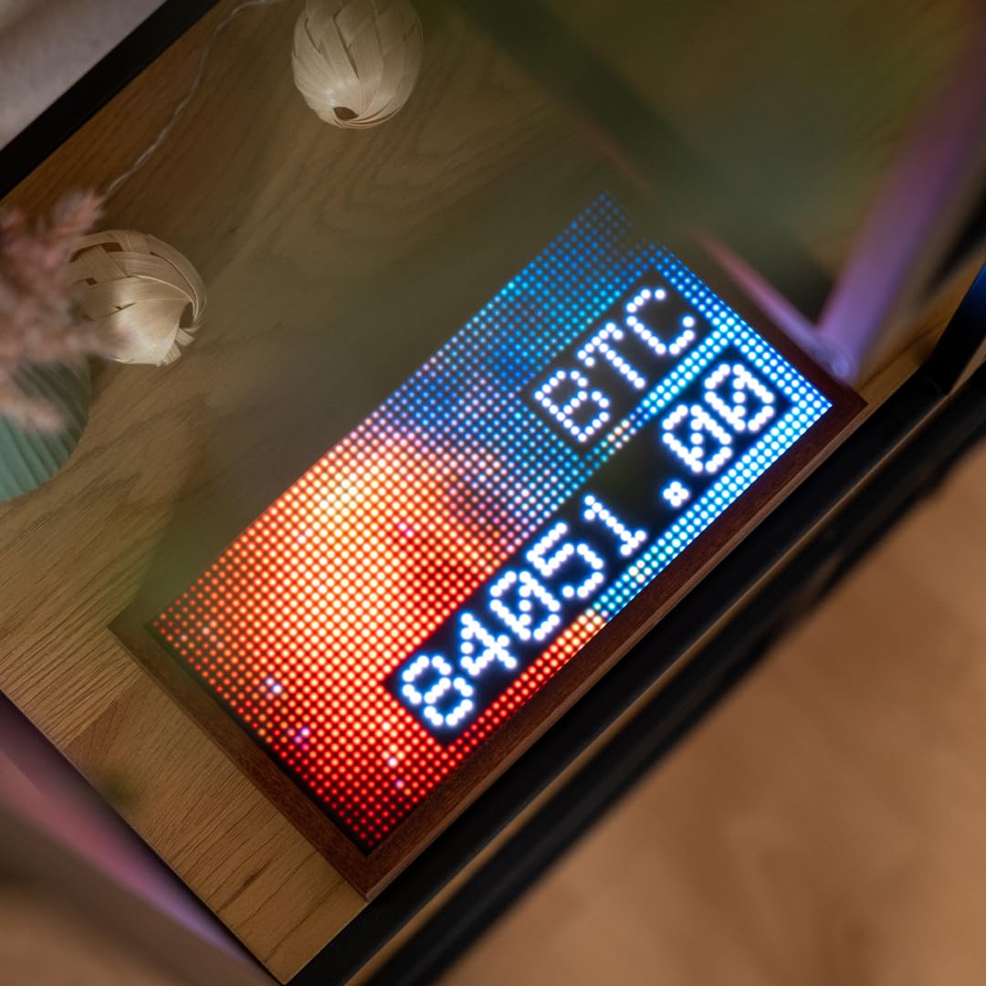 AssetWatch® – Bitcoin & Aktienanzeige im Mahagonirahmen | Finanzticker mit Echtzeitdaten & personalisierbarem Display | Crypto Monitor, Börsenticker, BTC Uhr & Kursanzeige
