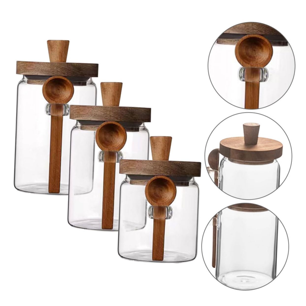 Gewürzbehälter 3 Stück aus Glas mit Holzdeckel und Löffel Luftdicht | Inhalt 850/550/400ml, Drei Größen, für Küche, Restaurant, Platzsparend, Schlichtes, Modernes Design