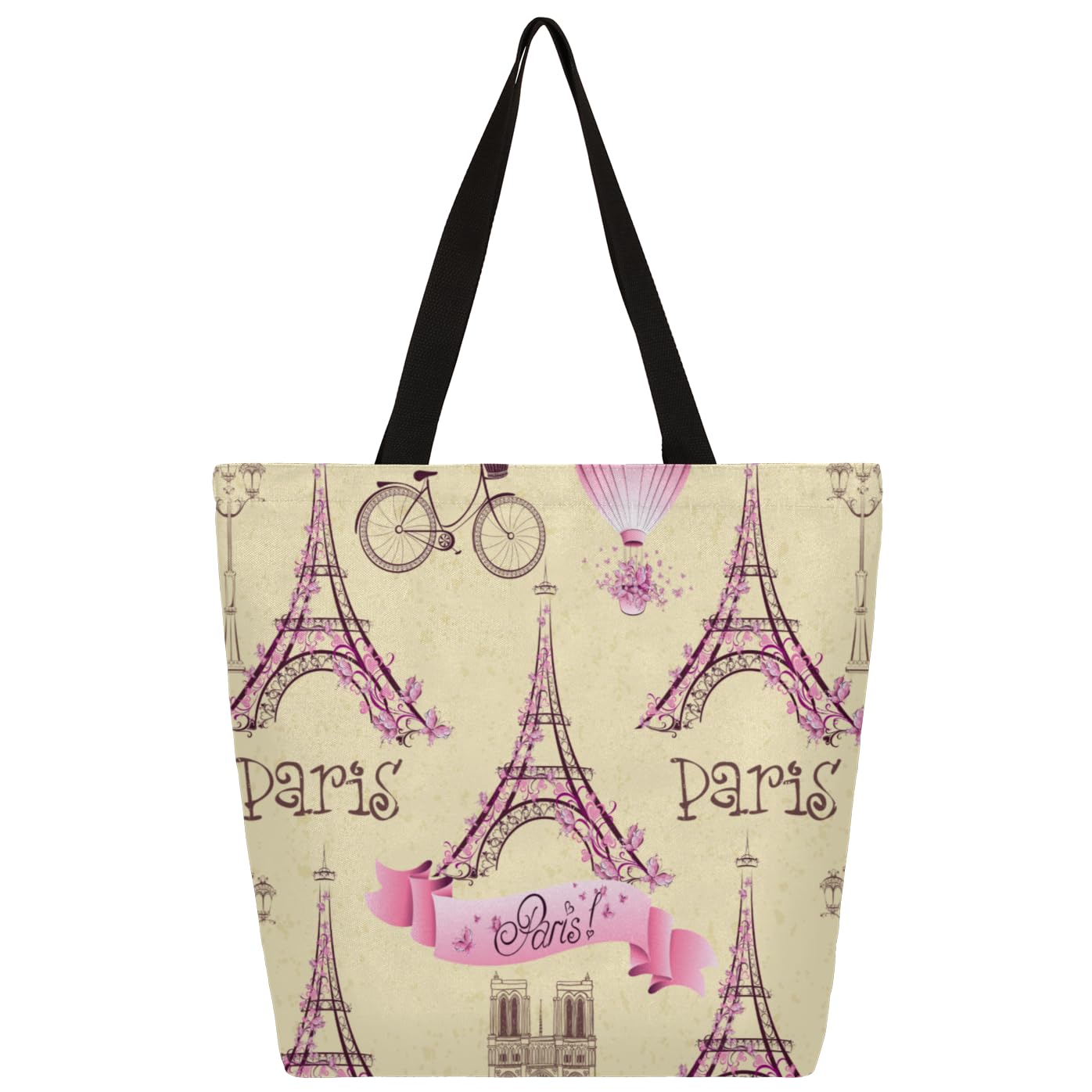 Mularoka Paris Tower Balloon Cycling Street Lights Large Capacity Canvas Tote Bag Stylish Handheld Shoulder Bag Reusable Shopping Bag for Work Travel Beach Trips Shopping