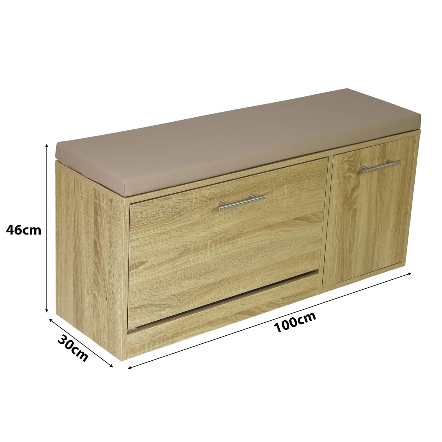Marvin Scarpiera Panca da Ingresso con Anta – Portascarpe Salvaspazio in Legno con Cuscino Seduta e Anta a Ribalta per Cabina Armadio Corridoio o Camera Design 100x30x46 cm (Rovere/Cuscino Tortora)