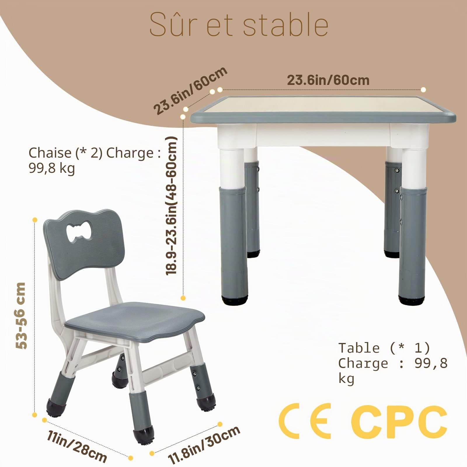 FUNLIO Table pour Enfant avec 2 Chaises, Table et Chaise Réglable en Hauteur pour Les 3 à 8 Ans pour la Maison, Dessin Enfant Facile à Nettoyer, Approuvé CPC et CE (3 Pièces)- Gris