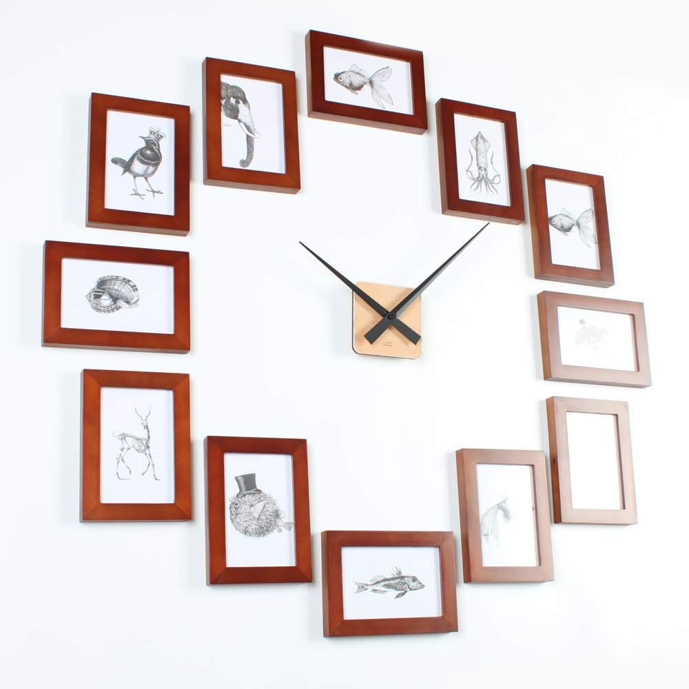 Homeloo Modern 12 Wooden Photo Picture Frame Set Wall Clock (Brown)