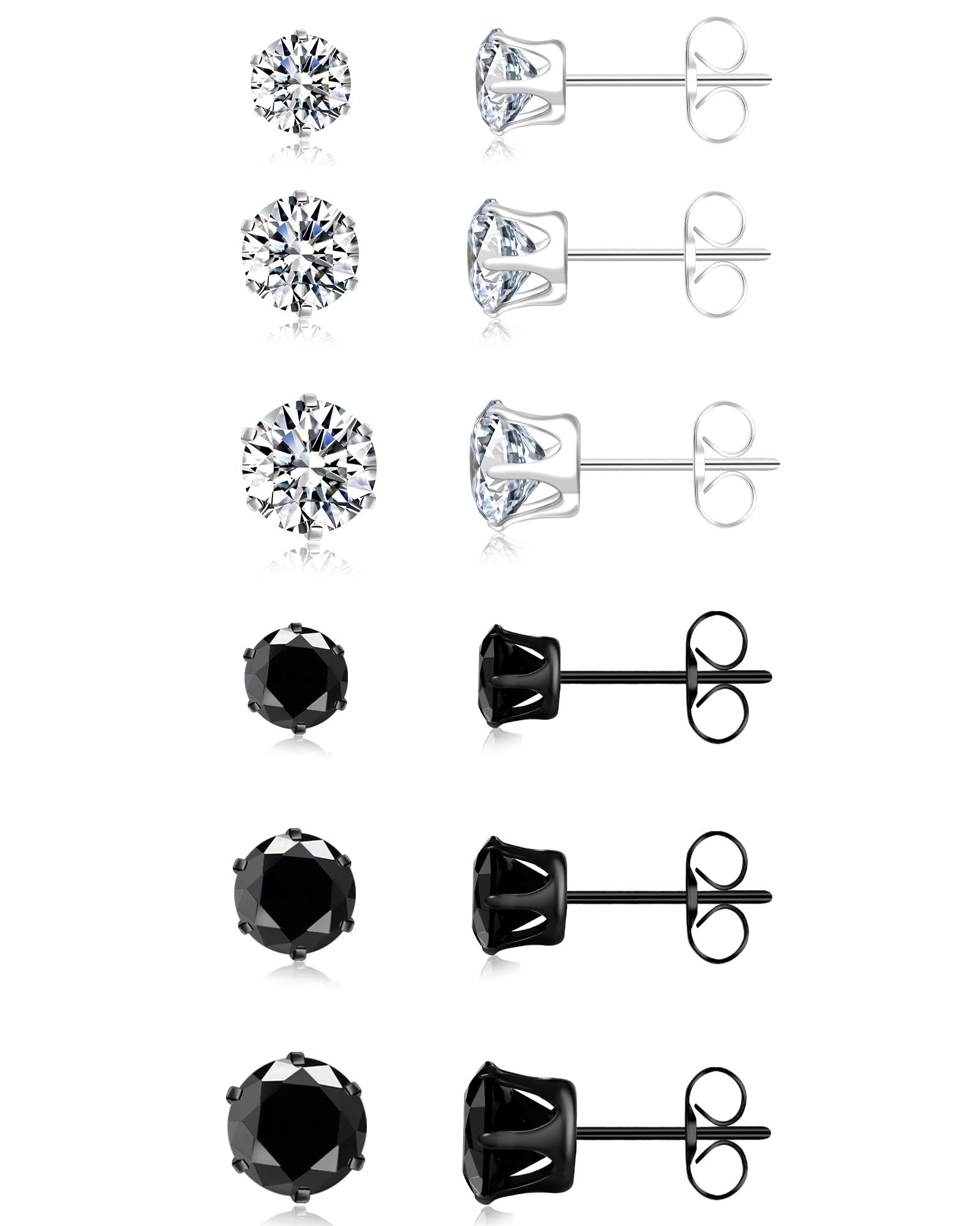 6 Pairs Stud Earrings for Men Women, Stainless Steel 3-4-5mm Hypoallergenic Cubic Zirconia Earrings Studs Silver/Black Cartilage Helix Tragus Earring Set for Multiple Piercing-image-15