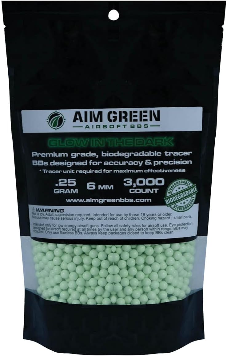 Aim Green: Glow in The Dark Biodegradable Airsoft BBS 6mm - 3,000 Airsoft BBS Pellets .20g Rounds - Spring, Gas, Co2 and AEG Pistols - Precision Rounds for Air Soft Sniper Rifles : Sports & Outdoors