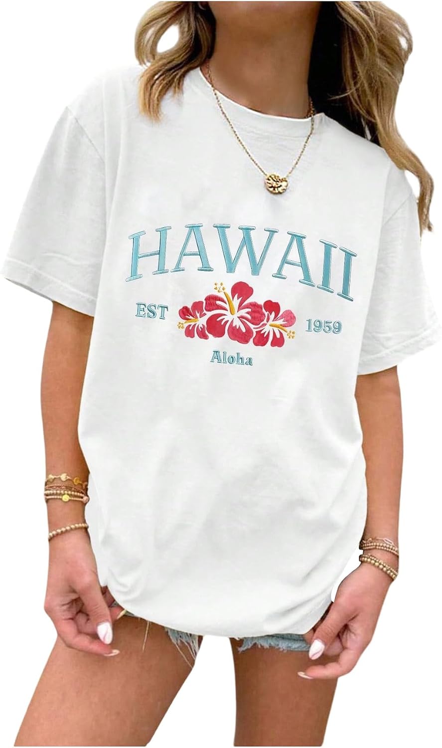 SweatyRocks Girl's Letter Hibiscus Graphic T Shirts Short Sleeve Oversize Summer Tee Shirts