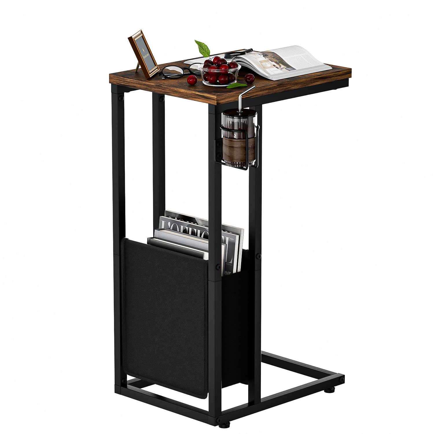 Tavolino a forma di C con borsa portaoggetti, sottile e resistente, per piccoli spazi, robusto organizer per divano, letto, soggiorno e camera da letto, design salvaspazio