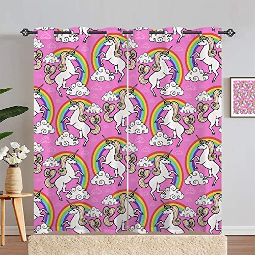 ANHOPE Unicorn Curtains Grommet Blackout Room Darkening Curtains with Cartoon Unicorn Rainbow Clouds Print Pattern Light Blocking Window Drapes for Kids Girls Bedroom Living Room 2 Panels 52 x 84 Inch