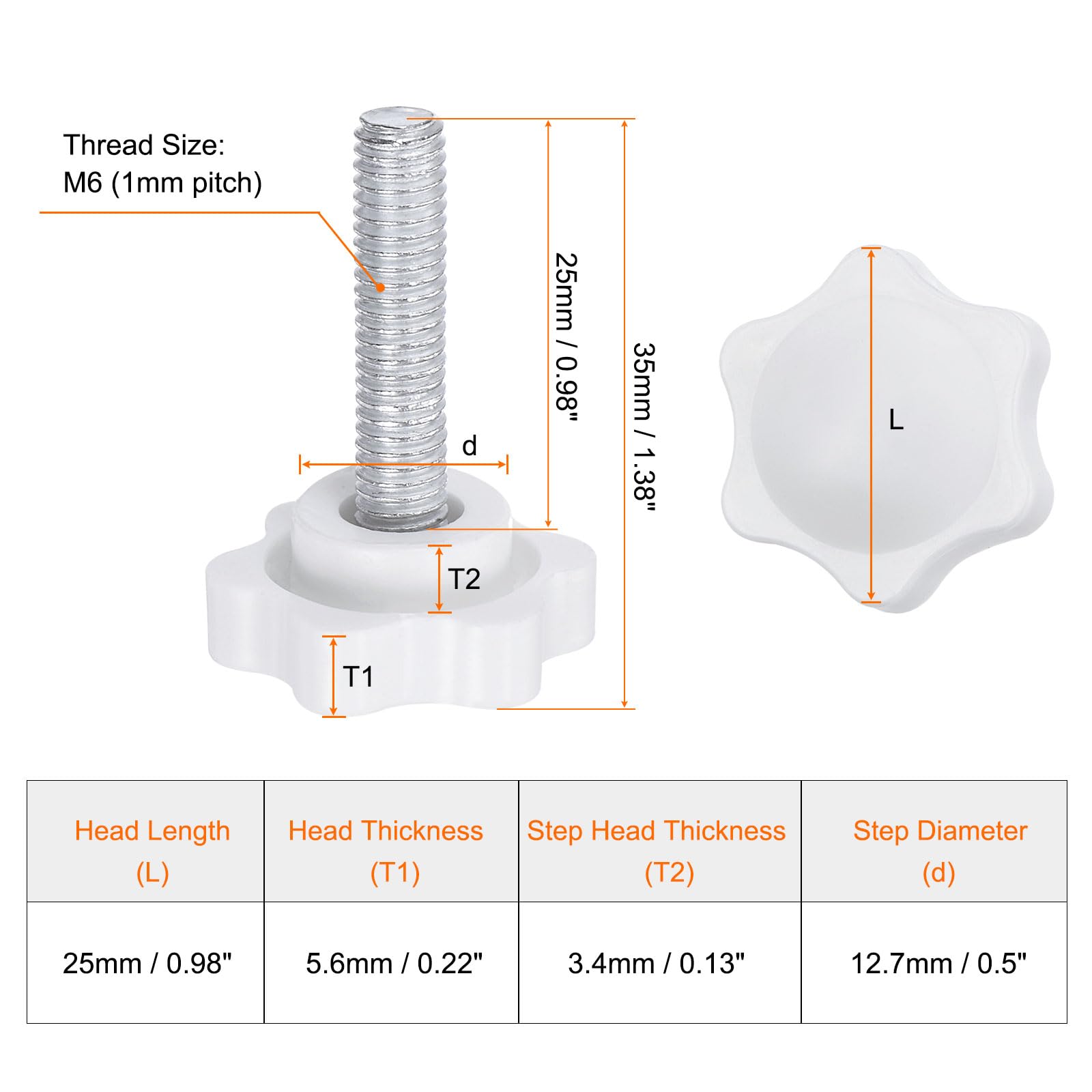 HARFINGTON 20pcs Star Knobs M6 x 25mm Male Thread 25mm Plastic 6-Point Head Stud Knob Hand Tightening Clamping Screw Replacement Threaded Handle, White