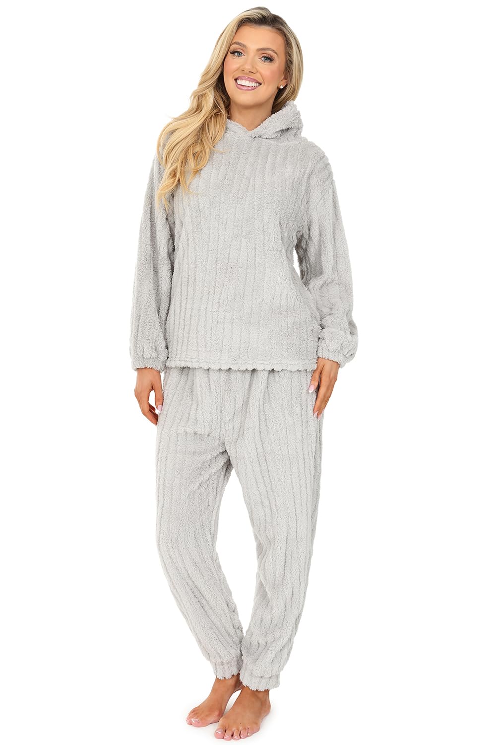 Thepyjamafactory Women's Grey Stripe Jaquard Fleece Lounge Set Pyjamas (16-18)