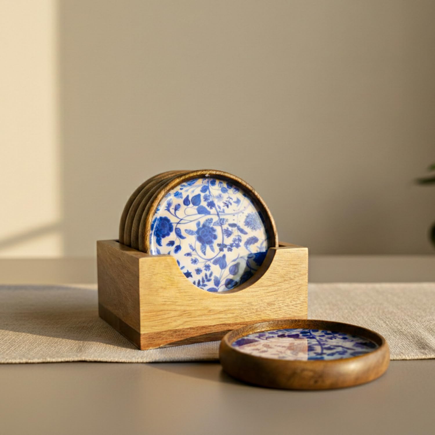 ExclusiveLane 'Indigo Baagh' Wooden Coaster Set with Holder for Home and Offices (Set of 5, Mango Wood, Hand-Enameled, Multicolor) | Wooden Tea Coaster Set of 5 for Hot Utensils-picture-12