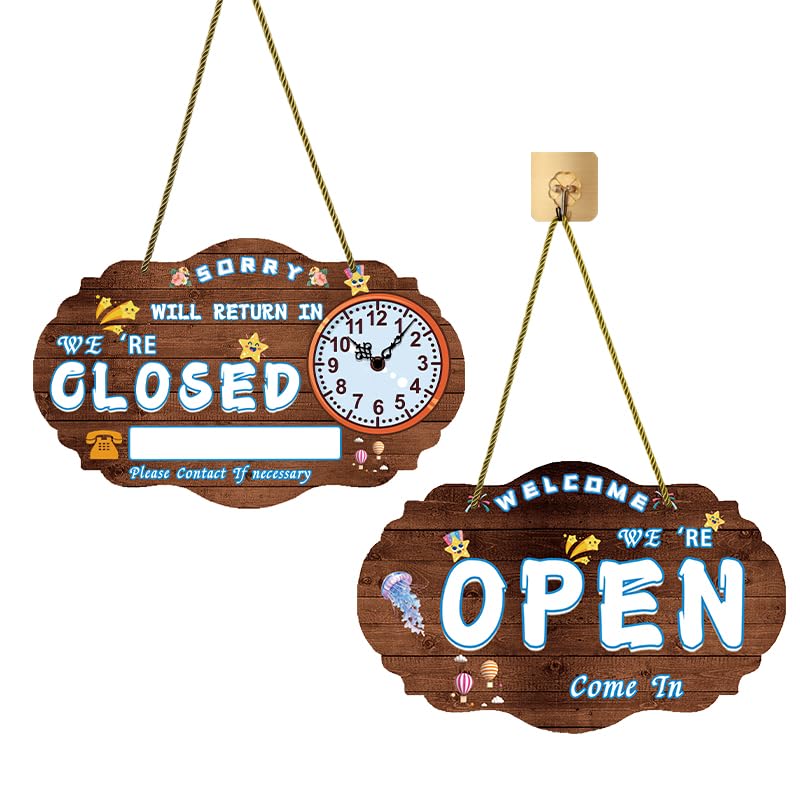 Cartelli aperti e chiusi marroni 8Gnituhs 40 * 25CM per attività commerciali, cartelli aperti in vinile bifacciale per attività commerciali con orologio di ritorno, cartello di ritorno con orologio