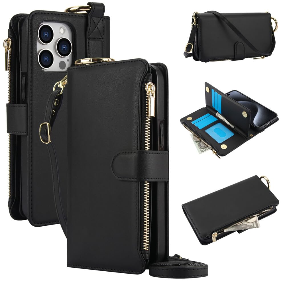 Funda compatible con iPhone 12 Pro Max (color negro) Funda tipo cartera con cremallera y correa para el hombro