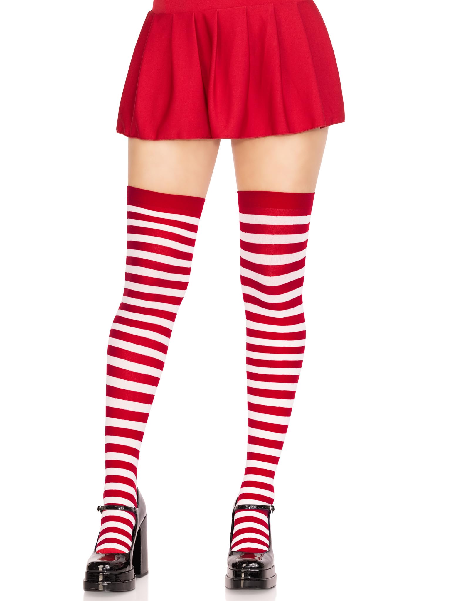 Leg Avenue Nylon Thigh Highs with Stripe (White/Red)