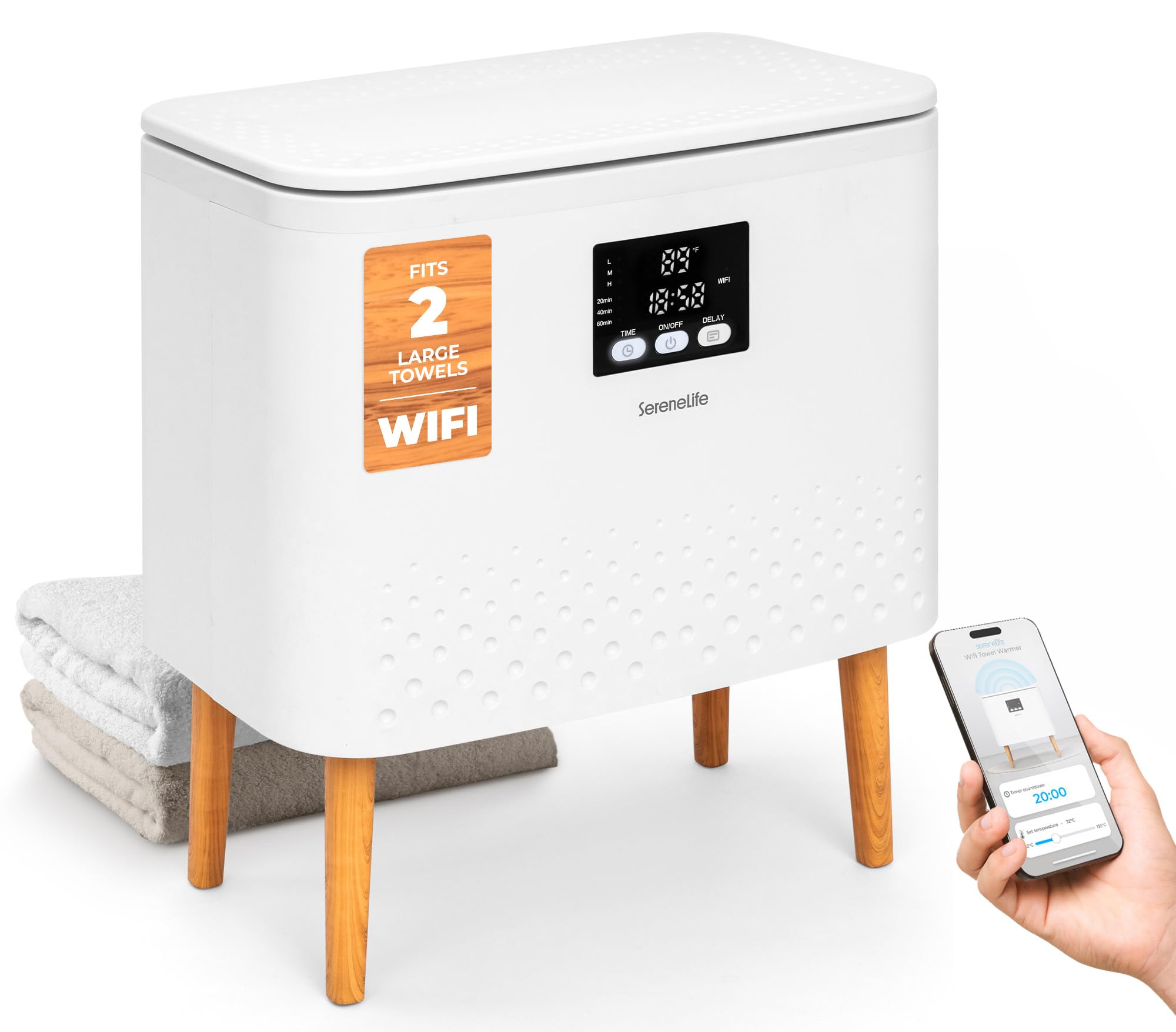 SereneLife WiFi-enabled Towel Warmer Bucket, 20L Large Capacity heater bucket for Towels Blanket and robes, Single-Touch Control, rectangular &amp; Energy-Efficient Design, Auto Shut-Off, White