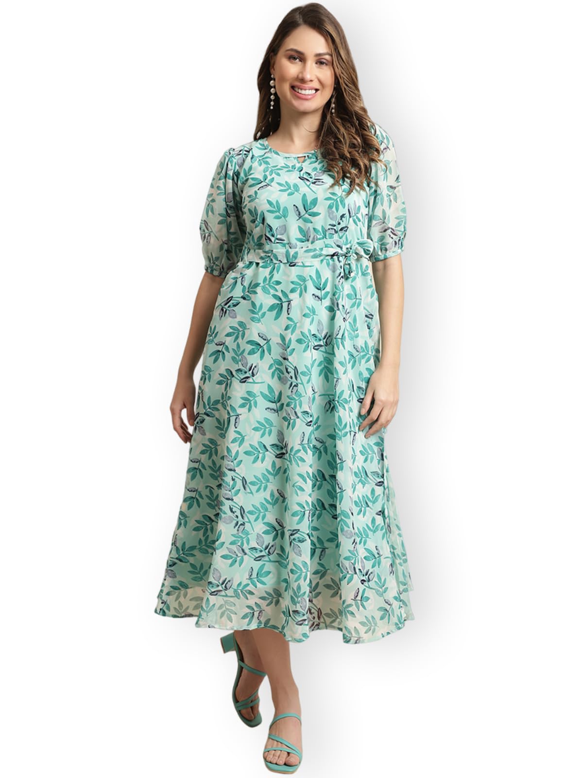 Preneum Women's Maxi Fit & Flare Latest Style Print Georgette Regular Sleeves Casual Summer Maxi Dress || Festival & Occasion, Sky Blue, S