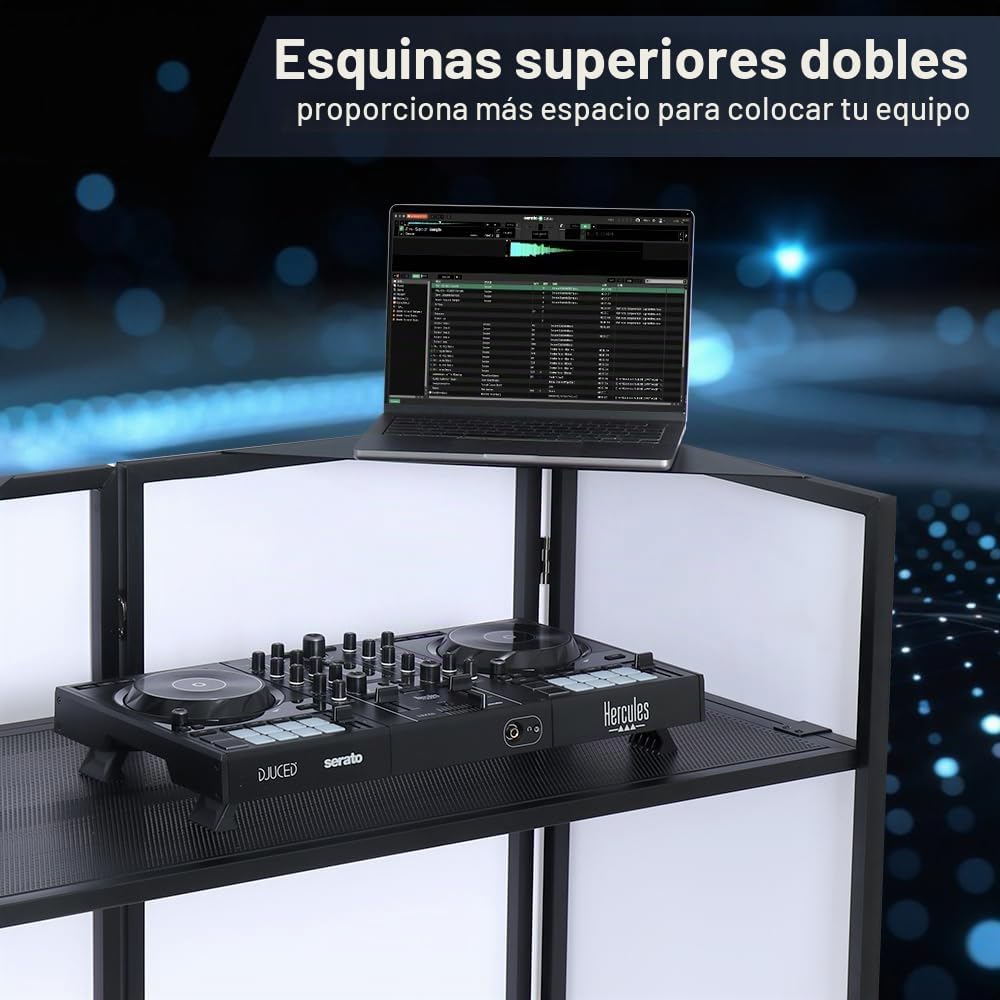 Kokorona Cabina de DJ Portátil de 108 x 51 x 115 cm con esquinas superiores dobles, cabina de fachada de DJ con agujero para cable, soporte de mesa de DJ con tira de luz y control remoto, marco de