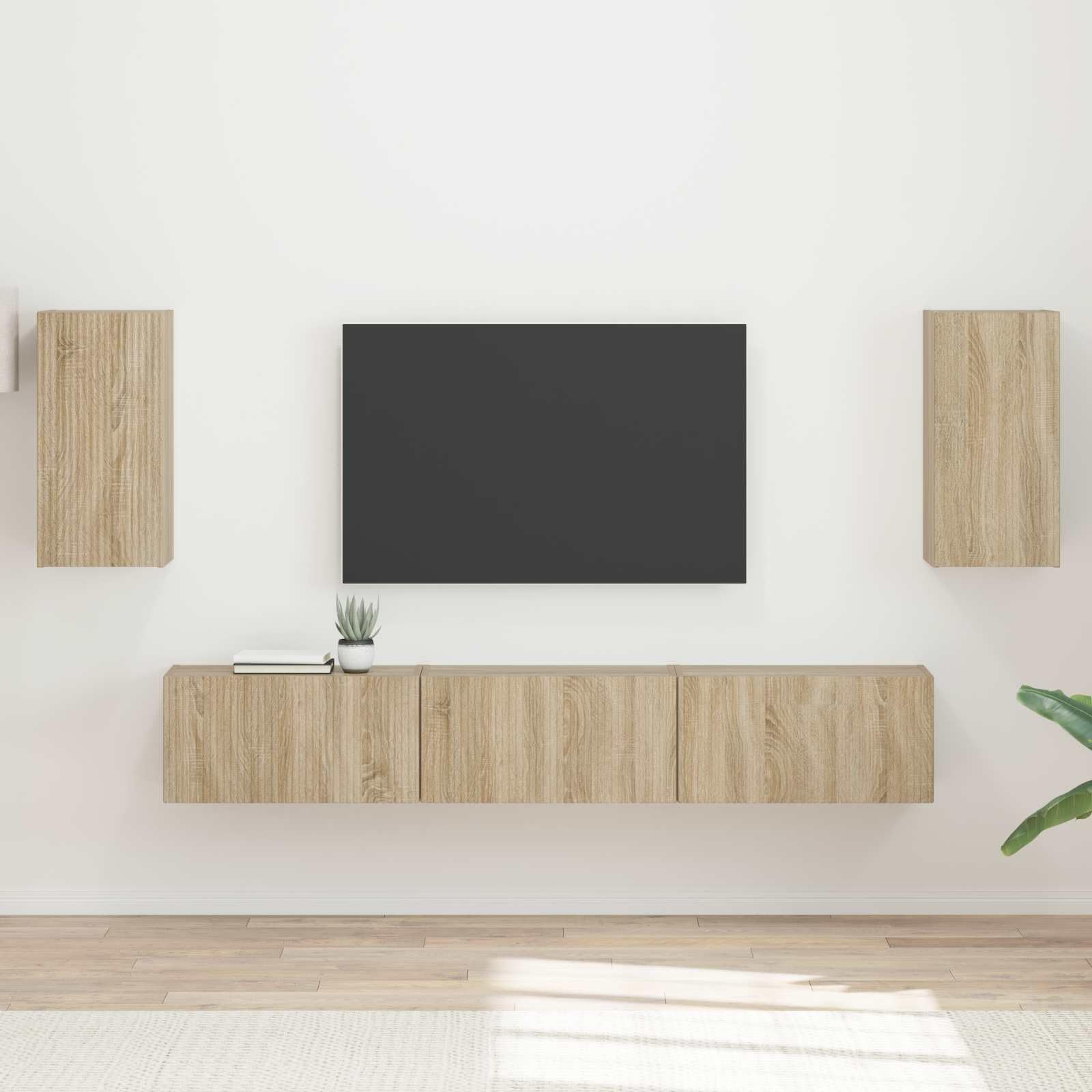 Moderno mueble de TV montado en la pared de 5 piezas en roble Sonoma de madera, compuesto por dos armarios de pared y tres armarios de TV para un amplio almacenamiento de dispositivos