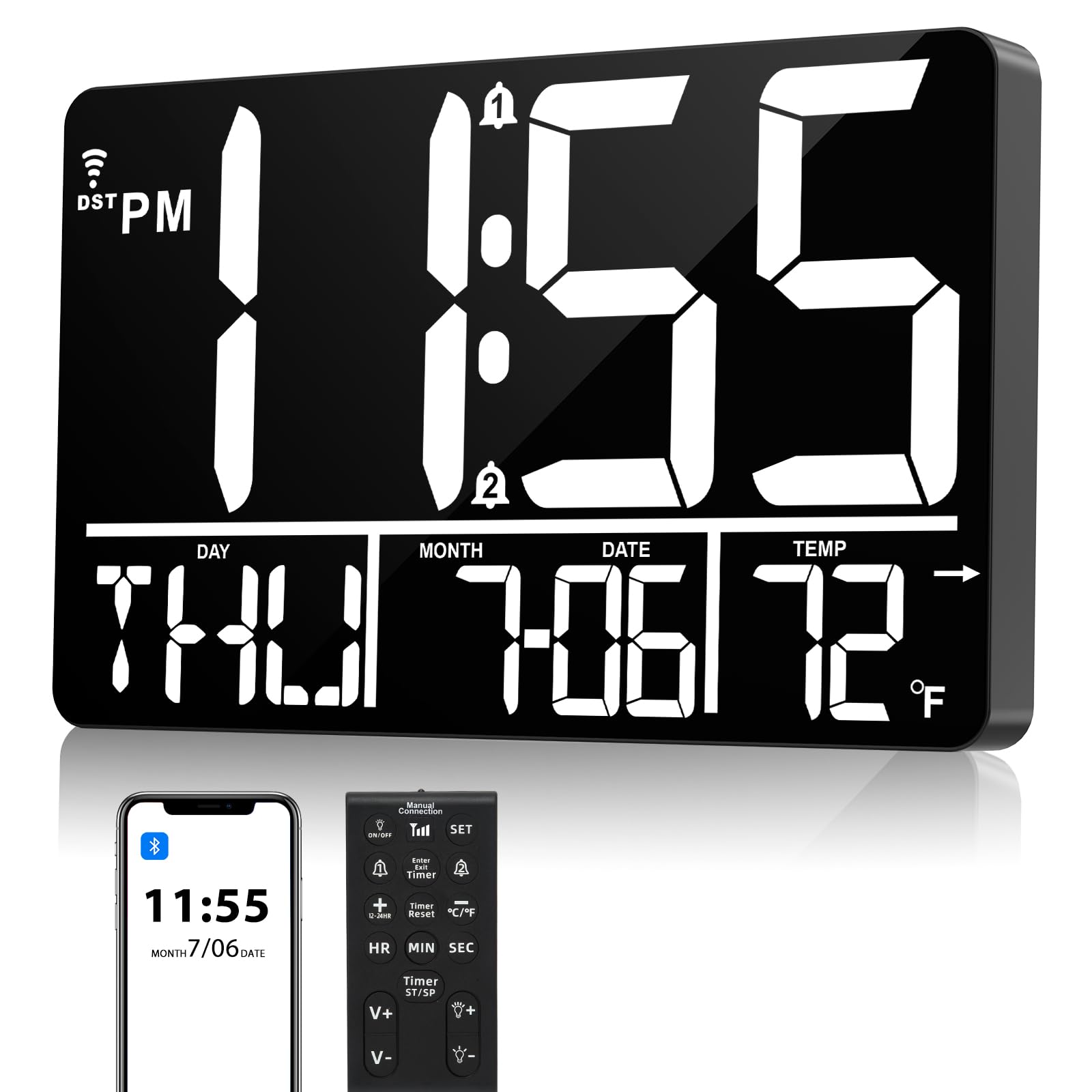 tawiliysy13" Large Digital Wall Clock with Remote, Bluetooth Connection, 25 Ringtones, Dual Alarm, 0-100% Auto or Custom Brightness, 12/24H, Auto DST, for Living Room, Kitchen, Office, Elderly
